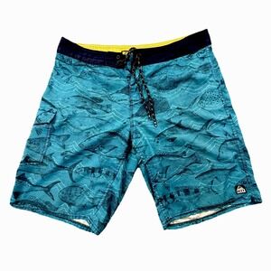 Reef Fish Print Board Shorts Men Blue Surf Swim Beach Cargo Pocket
